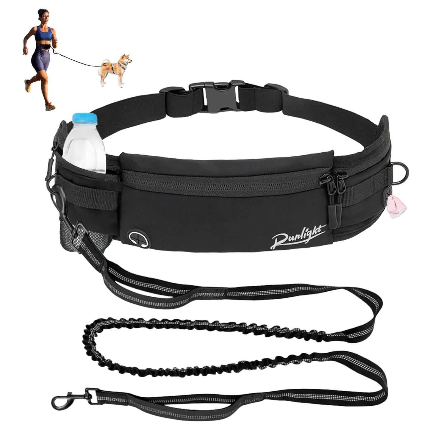 Runlight Hands Free Dog LeashDog Walking Waist Fanny Pack with LeashBungee Dog Bike Leashes for Running Hands Free Dog Treat Pouch Waist BeltDog Walking Accessories Black