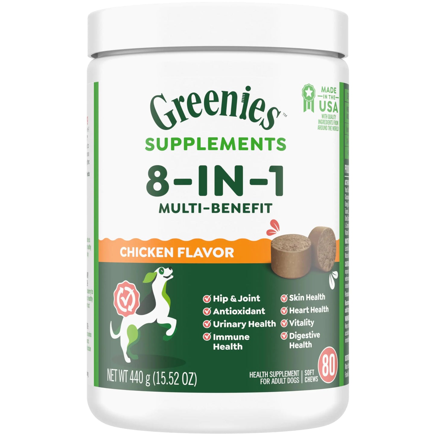 Greenies Dog Supplements 8-in-1 Multi-Benefit Chicken Flavor 15.5 oz. Container 80 Count
