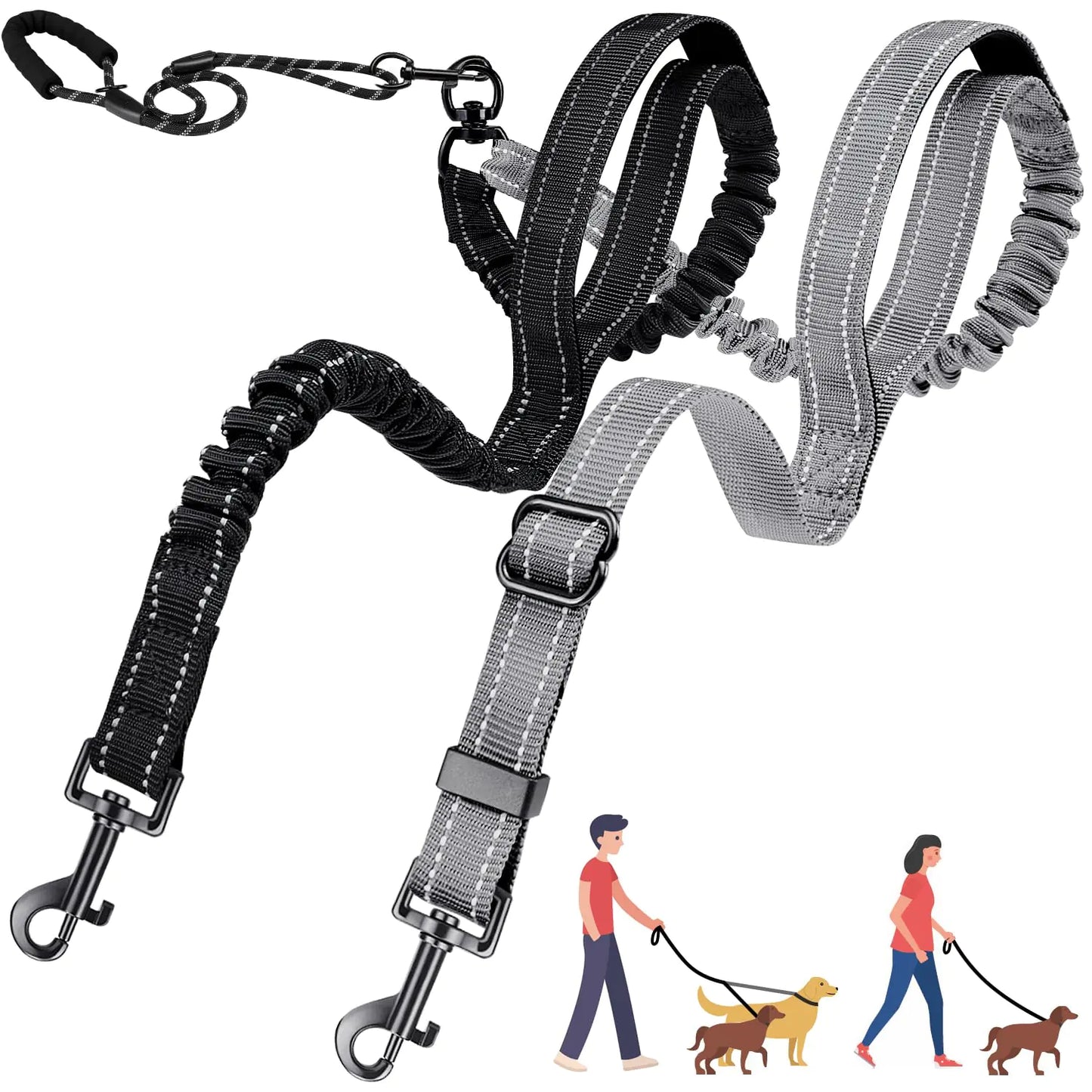 AUTOWT Double Leash for Two Dogs No Tangle 360° Swivel Dual Dog Leashes with 4 Handles Super Lightweight for Puppy Reflective Adjustable Strap and Shock Absorbing Bungee