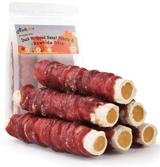 ASMPET Dog Treats for Medium Dogs Duck Jerky Wrapped Rawhide Sweet Potato Dog Chews Long Lasting High Protein Low Fat Healthy Grain-Free Duck Jerky Dog Treats Large Breed Small Dogs（6pcs）
