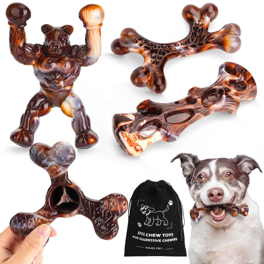 WAGS PET 4 Pack Dog Chew Toys for Aggressive Chewers Indestructible Dog Toys for Medium Large Breed Real Bacon Flavor Tough and Durable Nylon Toy for Better Dental Care