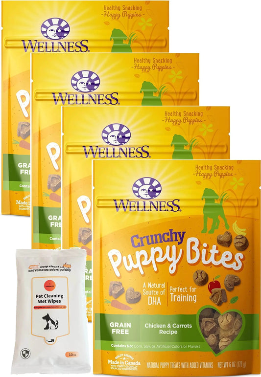 Aurora Pet Bundle Set (4) Wellnes Crunchy Puppy Bites Chicken & Carrots Recipe Grain-Free Natural Dog Treats (6-oz Each) with AuroraPet Wipes