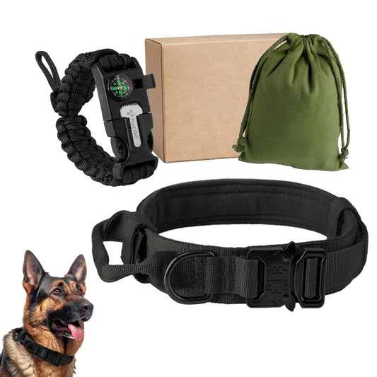 Tactical Dog Collar Trail Tail Heavy Duty Dog Collar with Handle Paracord Survival Bracelet Heavy Duty Metal Buckle and Patches Adjustable Dog Collar for Medium and Large Dogs (Black XL)