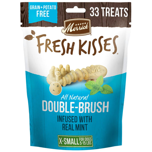 Merrick Fresh Kisses Natural Dental Chews Toothbrush Treat Shape Infused With Real Mint For Tiny Dogs 5-15 Lbs - 33 ct. Bag