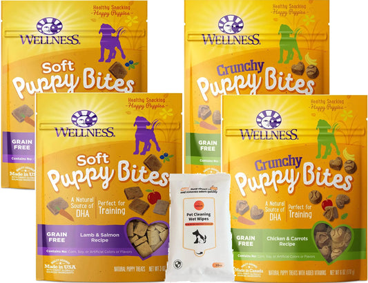 Aurora Pet Variety Pack (4) Wellnes Soft Puppy Bites Training Treats (2) Lamb & Salmon (2) Chicken & Carrots with AuroraPet Wipes