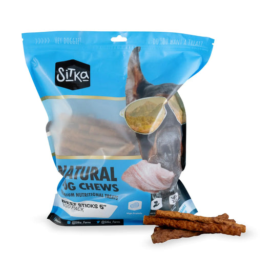 Sitka Farms Beef Sticks for Dogs 5 Inch - Crunchy Beef Munchy Sticks - 100 Count - for Small Medium and Large Dogs - Enhaced with Bully and Collagen