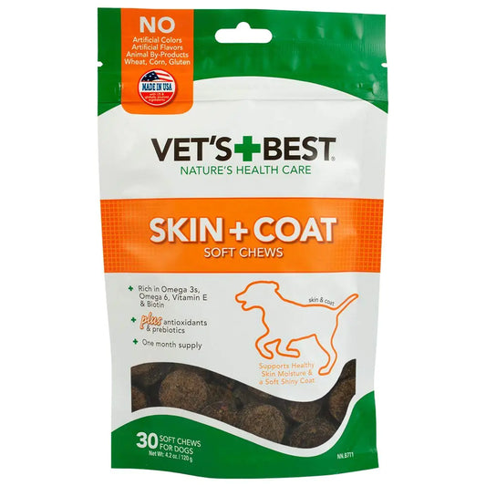 Vets Best Skin & Coat Soft Chew Dog Supplements | Formulated with Vitamin E and Biotin to Maintain Dogs Healthy Skin and Coat | 30 Day Supply