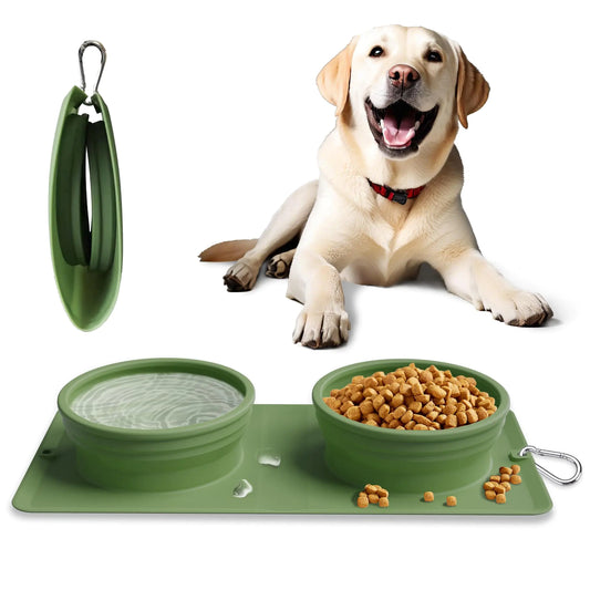 Collapsible Portable 2-in-1 Dog Bowl Integrated Travel Dog/Cat Food Water Bowl Silicone Foldable Expandable Bowl with Carabiner - Anti-Spill and Anti-Skid - for Camping/Traveling LPFLASAT (Green)